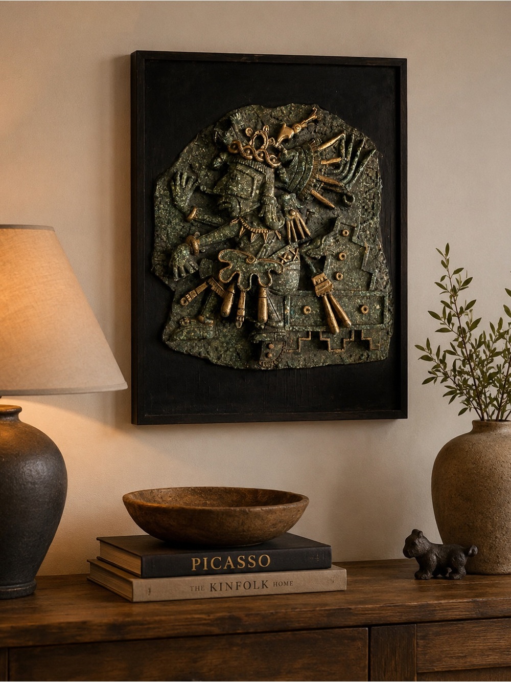 Vintage mid-century, modern Framed Metallic Aztec Relief Wall Art – Green and Go